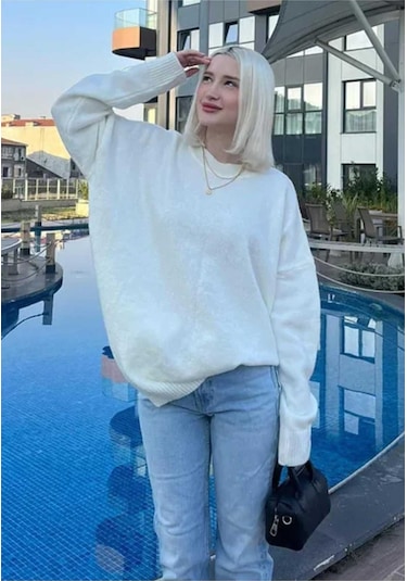 Kozia Outdoors Bisiklet Yaka Oversize Triko Kazak Krem