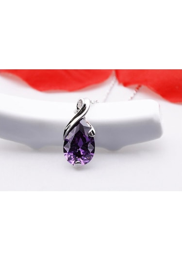 Brezza Lusso Jewelry Gümüş Mor Taşlı Su Damlası Kadın Kolye 45 CM