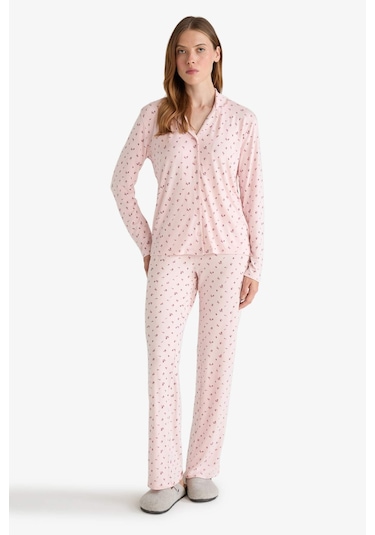 Defacto Pijama Takımı Regular Fit Desenli Uzun Kollu Üst Uzun Alt-fall İn Love G0228ax25aupn364 Pembe-pn364