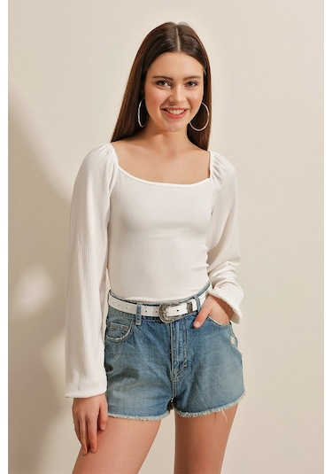 Bigdart 0465 Balon Kollu Örme Bluz - Beyaz 001