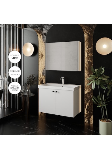 Karen Banyo Mimoza 80 Cm Seramik Lavabolu, Aynalı Banyo Dolabı Seti Lavabo Dahil Komple MDF
