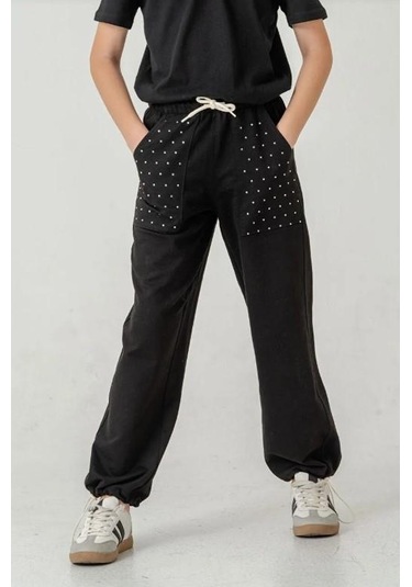 Siyah Cebi Taşlı Paça Brit Lastikli Stoperli Kız Çocuk Eşofman Altı 6168s Anrasit