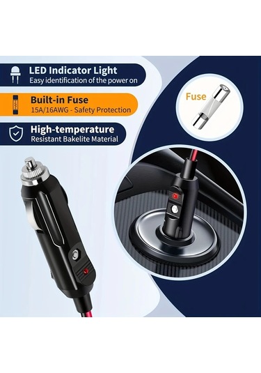 Honeybeeshop 1 Adet Obho Agir Hizmet 3 5m Araba Sigara Atesleme Ucu Uzatma Kablosu 16awg 12 24v Erkekten Disli Baglanti 15a Sigortali Led Gostergeli