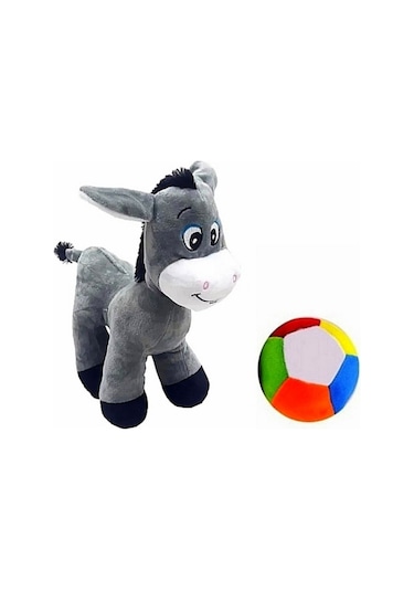 Peluş Eşek 25 Cm Ve Peluş Top - 2 Ürün 1 Arada Oyuncak Gri
