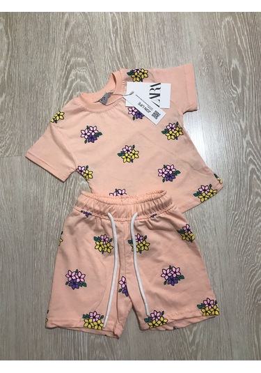 Aysbebe Kız Çocuk Yazlık Takım, Çiçek Desenli Somon