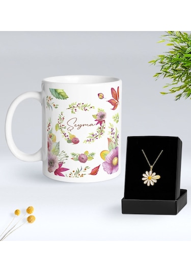Bk Gift Kişiye Özel İsimli Çiçek Tasarımlı Beyaz Kupa Ve Papatya Kolye Hediye Seti - 1, Sevgiliye Hediye, Anneye Hediye, Arkadaşa Hediye Kobitmeyencom