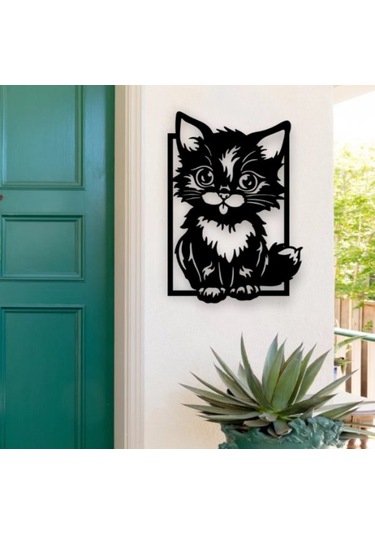 Siyah Ahşap Sevimli Kedi 35cm X 50cm Tablo Duvar Dekoru 3mm Mdf Lazer Kesim