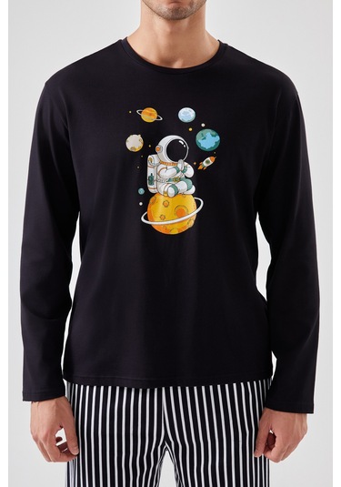 Erkek Pamuklu Uzun Kollu Üst Astronot Baskılı Alt Çizgili Pijama Takımı Ke30106 Siyah - Beyaz