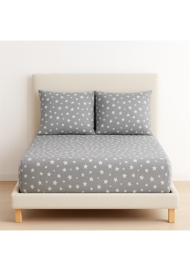 Desenli 180 X 200 Cm Battal Boy Gri Yıldız Lastikli Çarşaf Ve 2 Adet Yastık Kılıfı Gri