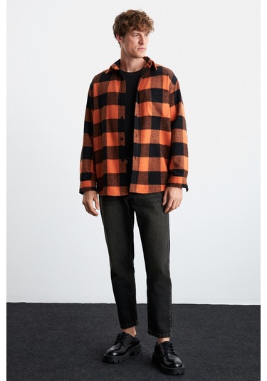 Wıldy Erkek Pamuk-polyester Gömlek Yaka Relaxed Oduncu Turuncu Gömlek