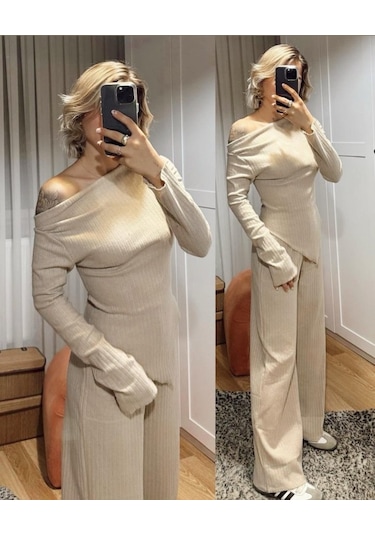 Kadın Uzun Kollu Omuzlardan Açık Asimetrik Kesim Kaşkorse Bluz Ve Pantolon Ikili Pantolon Bej Kadın Uzun Kollu Omuzlardan Açık Asimetrik Kesim Kaşkorse Bluz Ve Pantolon Ikili Pantolon Bej