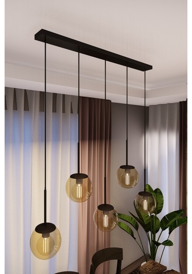 Dora Siyah Metal Gövdeli 5'li Bal Rengi Cam Avize