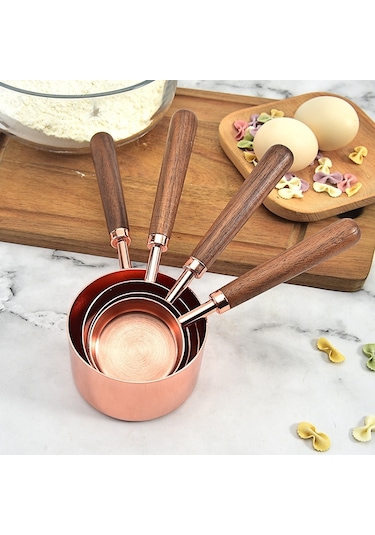 Sones 4 Adet / Takım Ölçüm Kabı Ceviz Saplı Bakır Kaplamalı Mutfak Pişirme Aletleri Barmen Terazisi Ölçüm Seti