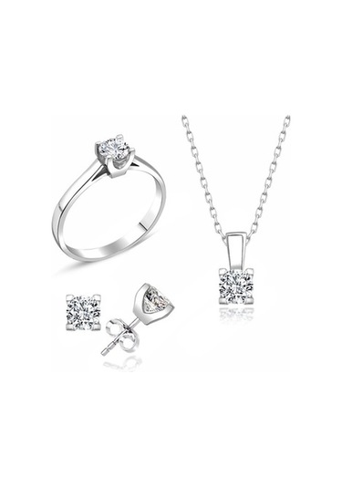 Sertifikalı Swarovski Minik Tek Taş 925 Gümüş Set Takım
