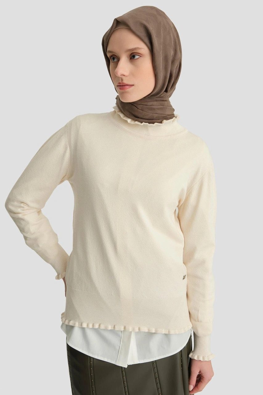 Armine Fırfır Detaylı Kazak 25kd7007 Ekru Ekru