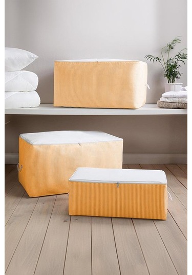 Turuncu Çizgili Medium Baza Çekyat Altı 3 Adet Hurç 50x30x20 Cm Turuncu