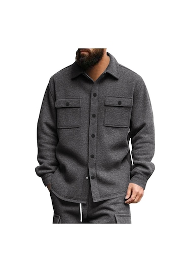 Gündelik Erkek Kadife Yaka Üst Tek Sıra Düğmeli Düz Renk Dar Kesim Ceket Manto Koyu Gri