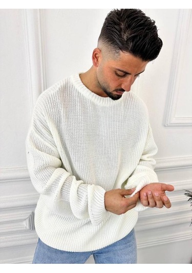 Kazak Oversize Çift Kat Örme Naturel Pamuk Bol Kesim Tüylenmeyen Salaş Triko Kazak Beyaz