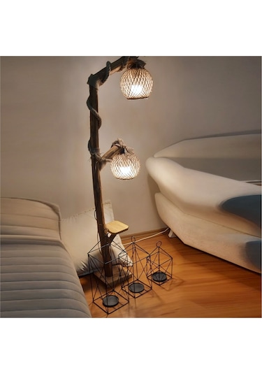 Uzun Ahşap Halatlı 2li Sarı Ledli Lambader Abajur Aplik