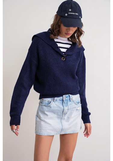 6900 Kadın Düğmeli Devrik Yaka Triko Kazak Lacivert Lacivert