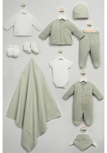 Sevimli Köpekcikler Desenli 10 Parça Kutulu Yenidoğan Hastane Çıkışı Zıbın Seti Yeşil