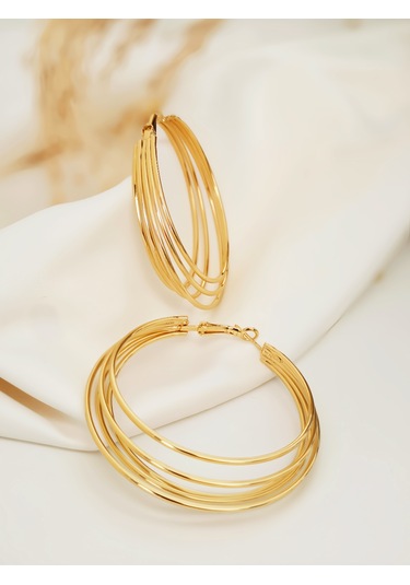 Katmanlı Halka İnterlock Hoop Gold Renk Küpe 6cm Gold