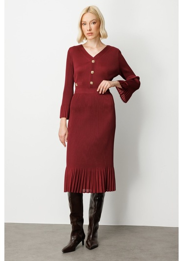 Ekol Kadın Etek Ucu Piliseli Midi Etek 3915 Bordo Bordo