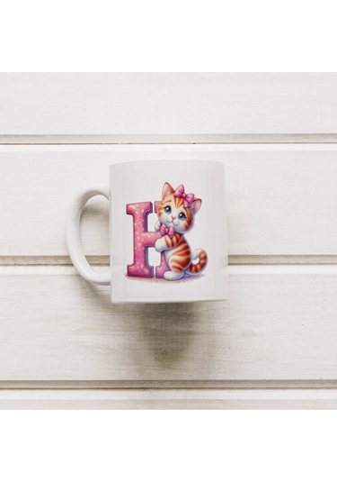 H Harfli Bardak, Sevimli Kedili Pembe Tasarım Bardak, Arkadaşa Aileye Hediye Porselen Beyaz