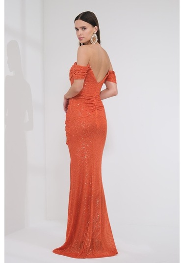 Explosion Tek Omuz Maxi Pırıltılı Gece Elbisesi - Özel Günler İçin Turuncu