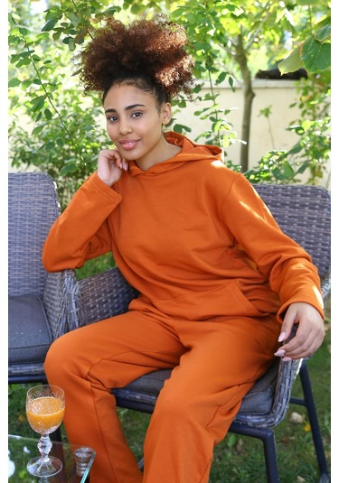 Akbeniz Kadın Pamuk Kapşonlu Cepli 3 İplik Kiremit Eşofman Takım 9037-kiremit Kiremit