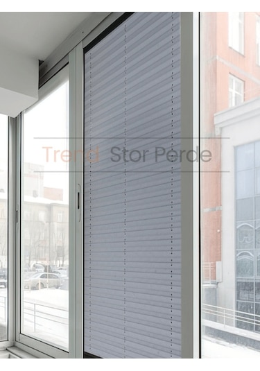 Mavi Gri Plise Katlanır Cam Balkon Perdesi - Ofis Perdesi - Salon Perdesi - 042 Mavi Gri