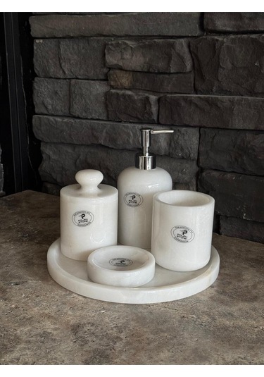 Beyaz Mermer Gümüş Pompalı, Pamukluk Kendinden Tutmalı 5'li Set Beyaz