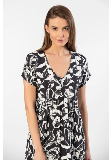 Türen 3602 Kadın Kısa Kollu Dokuma Kloş Elbise-siyah Siyah