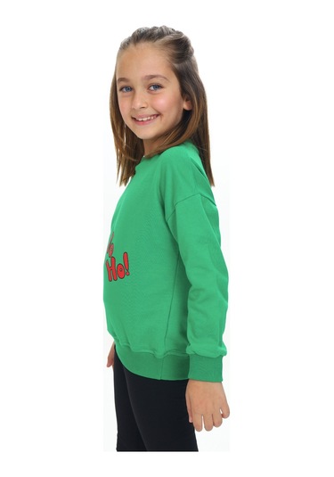 Toontoy Kız Çocuk Kardan Adam Ho Ho Ho Baskılı Sweatshirt Çimen Yeşili