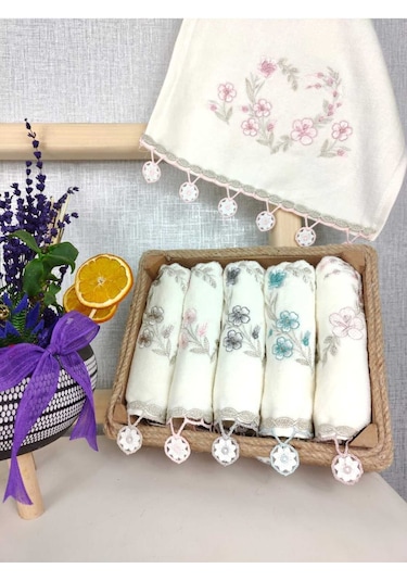 6'lı Set 30x50 Cm. Çeyizlik Kadife Nakışlı Yonca Küpeli Dantelli Lüks El Ve Mutfak Havlu Seti Saray Diğer