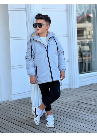 Erkek Çocuk Kapüşonlu İçi Kürklü Mont Km3050 Gri