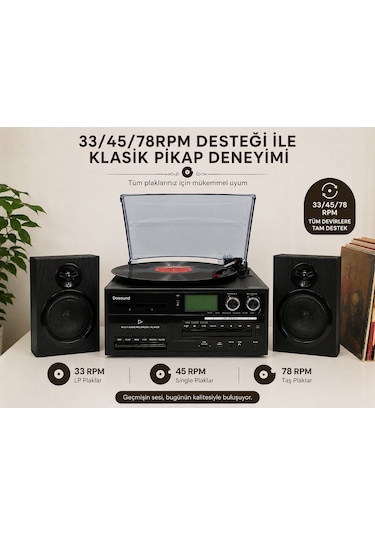 Dosound Tr-18 Ahşap Hoparlörlü Pikap Çalar Kaset Cd Bluetooth Usb Sd Müzik Sistemi 1 Adet