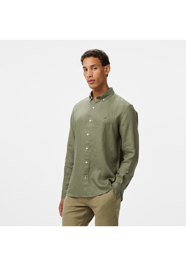 Nautica Erkek Yeşil Classic Fit Keten Gömlek Düz W55101t Yeşil