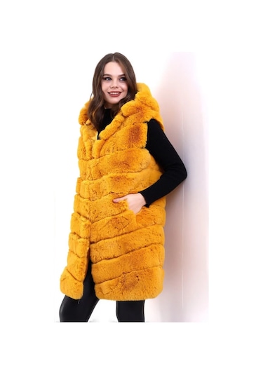 Tarzyeri Kadın Kapüşonlu Peluş Kürk Yelek Premium Kalite Tam Astarlı Uzun Model - Sarı beyaz