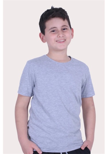 Basic Bisiklet Yaka %100 Pamuk Likralı Düz Unisex Çocuk T-shirt Gri