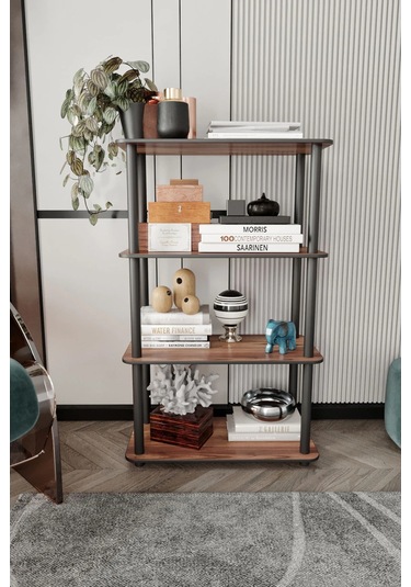 4 Katlı Dekoratif Diktörtgen Kitaplık Ceviz Ceviz