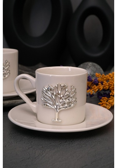 Hayat Ağacı Platin Kabartma Motif 4 Parça 2 Kişilik Kahve Fincan Takımı