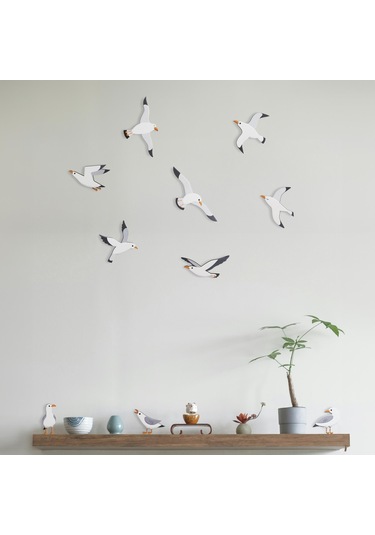 Cajuart Dekoratif 10 Parça Sevimli Martılar Ahşap Duvar Tablosu Kuş Duvar Dekoru