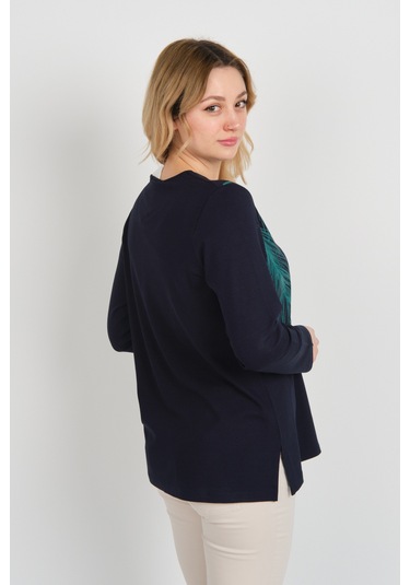 Detay Triko Kadın Taş İşlemeli Ve Desenli Bisiklet Yaka Uzun Kol Anne Bluz 5721 Lacivert Lacivert