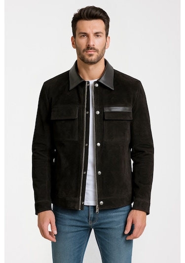 Derije Oscar Hakiki Süet Deri Erkek Siyah Deri Detaylı Ceket-mont Siyah