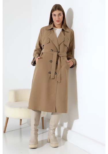 Amazon Keten Kumaş Uzun Boy Düğmeli Astarlı Yumuşak Dokulu Trenç Kot Vizon Vizon