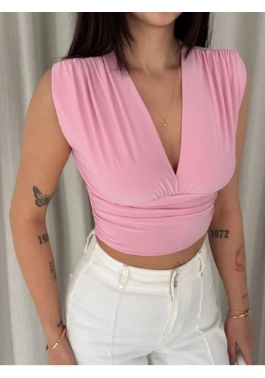 Defymoda Vatkalı Kolsuz V Yaka Drapeli Crop Bluz Likralı Fit - Pembe