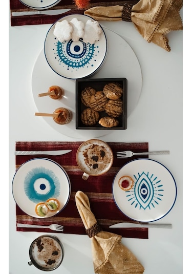 Kevin Seramik Nazar Boncuklu Hand Made 6 Parça Lüks Pasta Sunum Tabağı