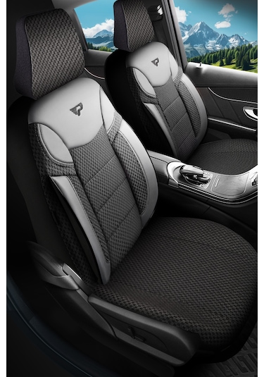 Siyah - Gri Garni Panda Dragon Serisi Dokuma Kumaş Oto Koltuk Kılıfı - Tam Set