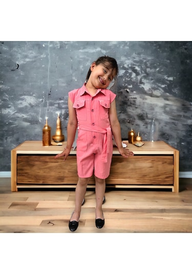 Esterella Düğmeli Cep Detaylı Somon Kısa Tulum Somon